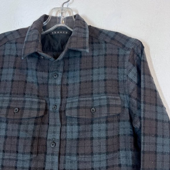 Theory Plaid Flannel Shirt Small Wool Blend Aumont Long Sleeve Button Up - Picture 3 of 9